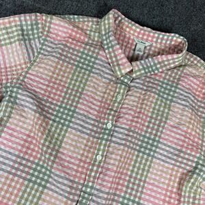 LL Bean Vacationland Top Women 2X Pink Plaid Seersucker Short Sleeve Casual Camp